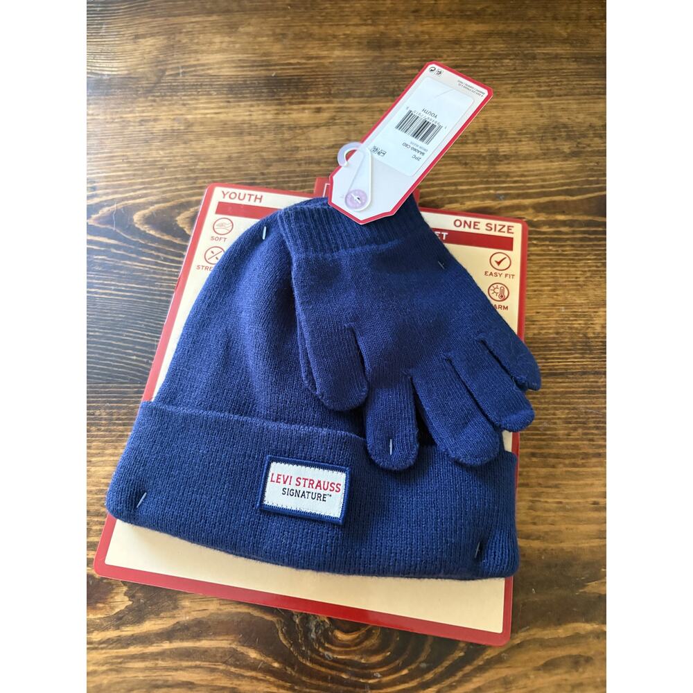 Levi Strauss Signature Youth Blue Knit‎ Cap And Gloves